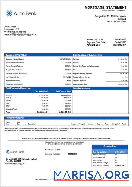 Realistic Iceland Arion Bank mortgage statement Word and PDF template